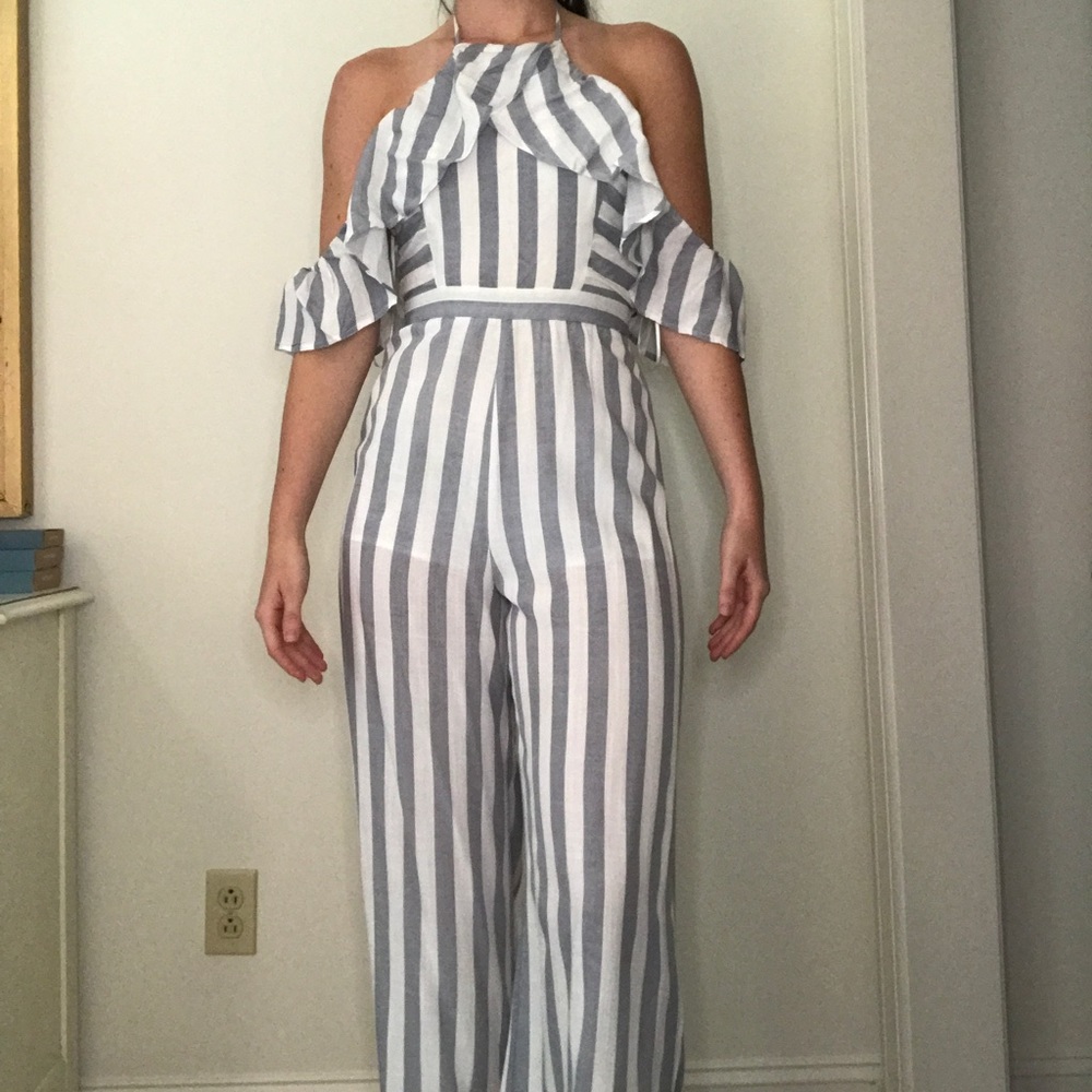 Navy and White Halter Jumpsuit with Ruffle Detail